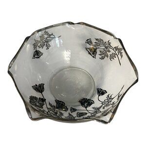 Vintage Clear Glass Bowl with Silver Floral Overlay – Scalloped Rim – 6 x 3 in